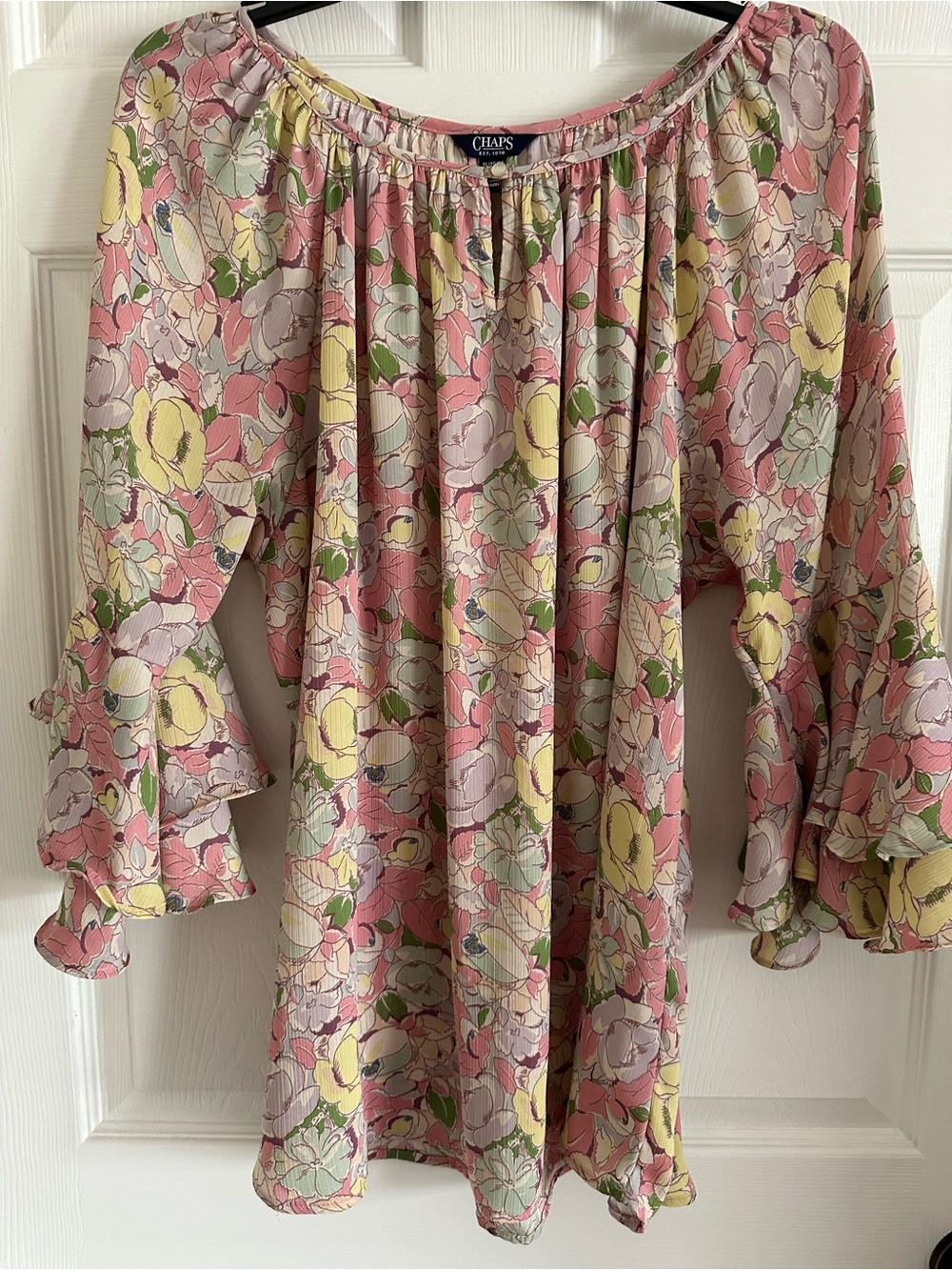 Chaps Pink Floral Smocked Neck Blouse size XL
